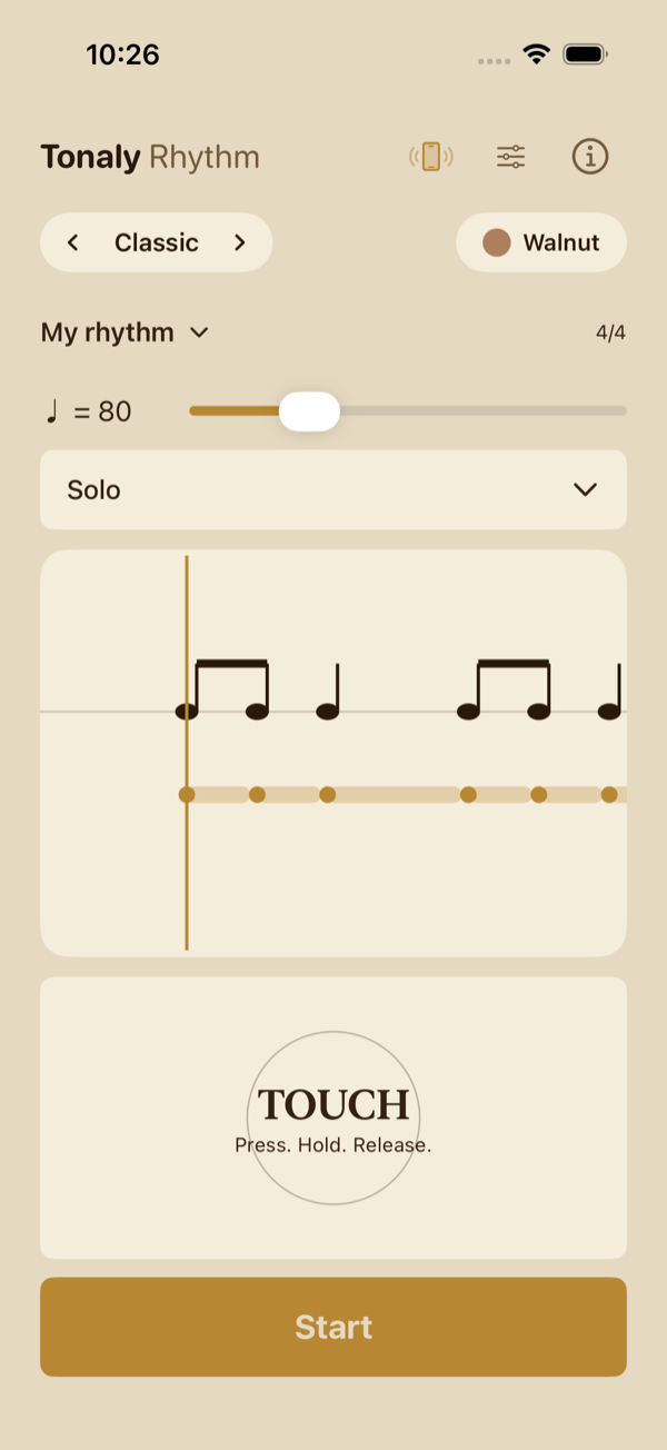 Tonaly Rhythm in Classic Walnut, showing beamed eighth notes, a timing ribbon, and the touch area.