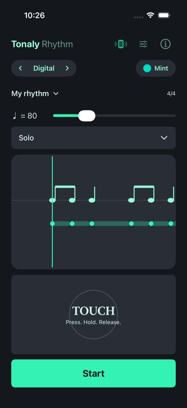 The same rhythm score in Tonaly Rhythm's Digital mode.