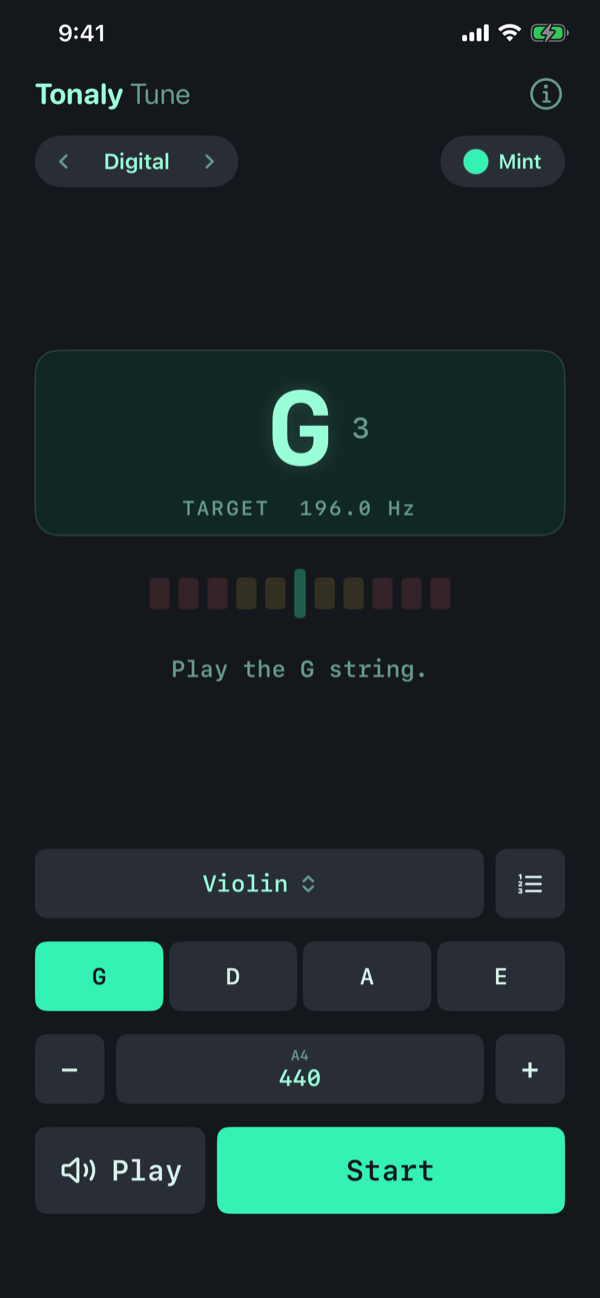 Tonaly Tune in Digital mode, showing the target note, frequency and cent indicators.